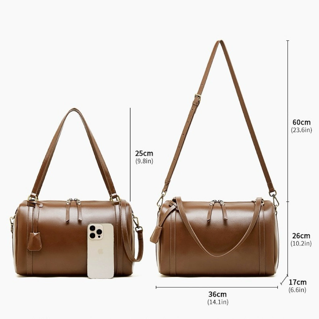 Women's Full-Grain Cowhide Barrel Satchel with Multi-Way Carry
