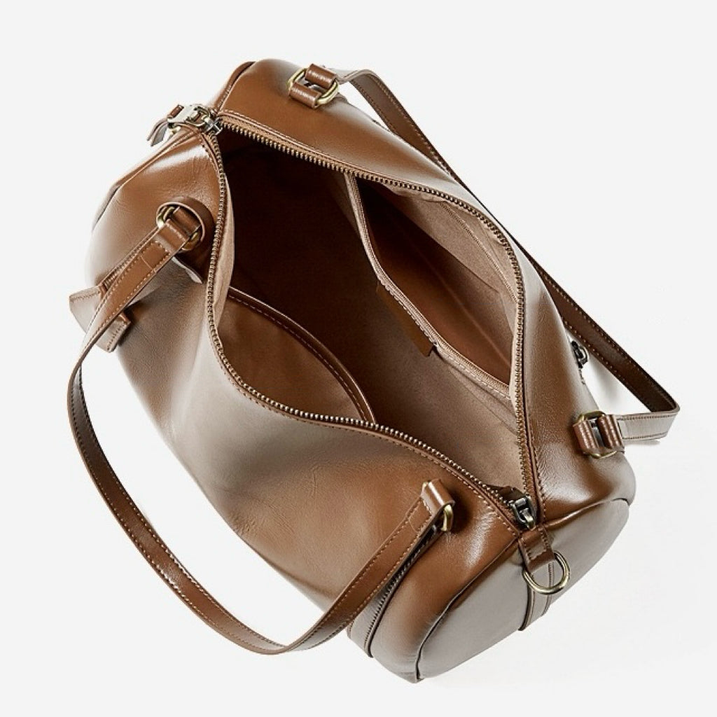 Women's Full-Grain Cowhide Barrel Satchel with Multi-Way Carry