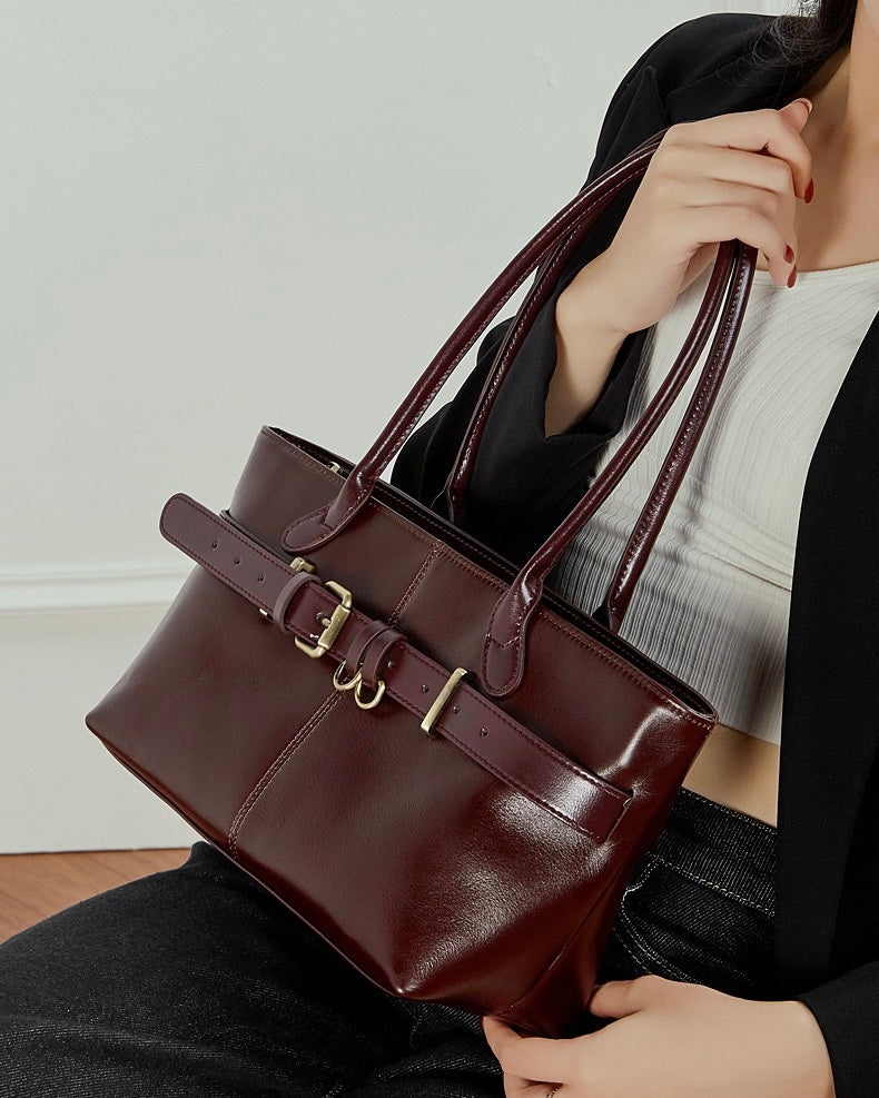 Women's Full-Grain Cowhide Belted Shoulder Tote