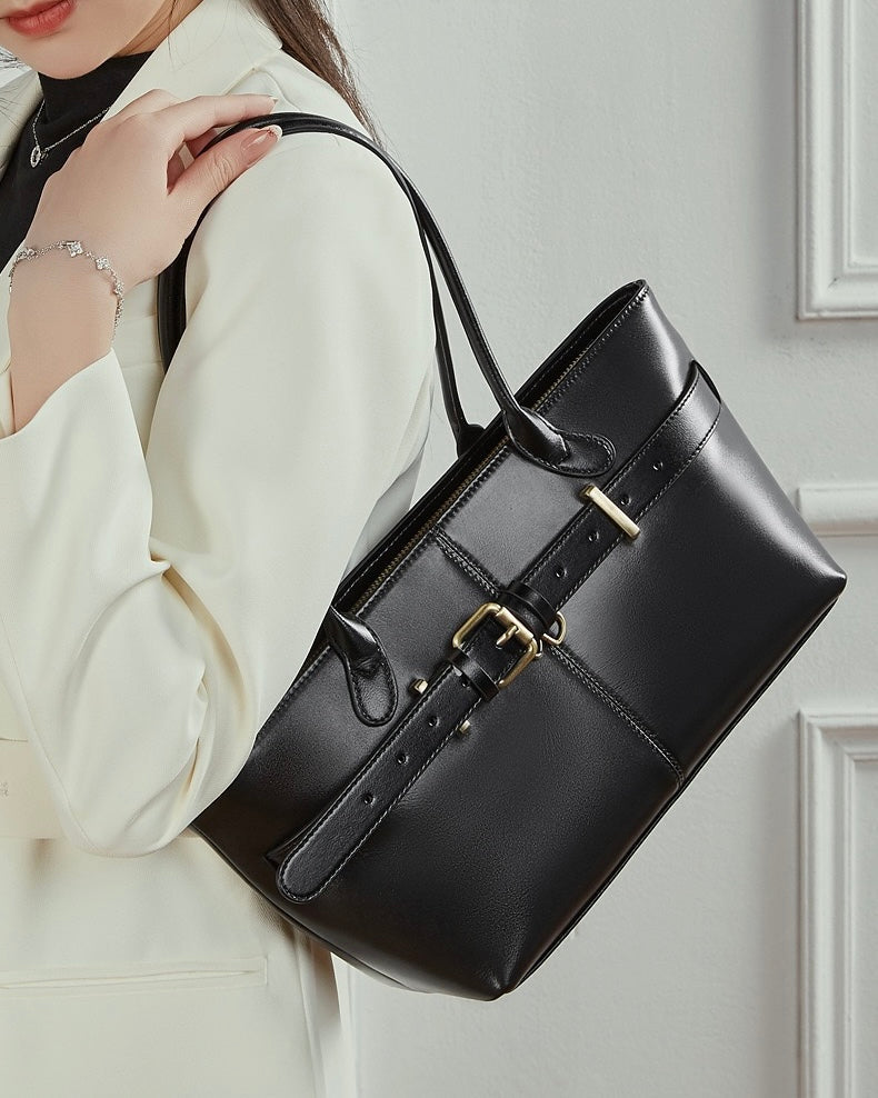 Women's Full-Grain Cowhide Belted Shoulder Tote