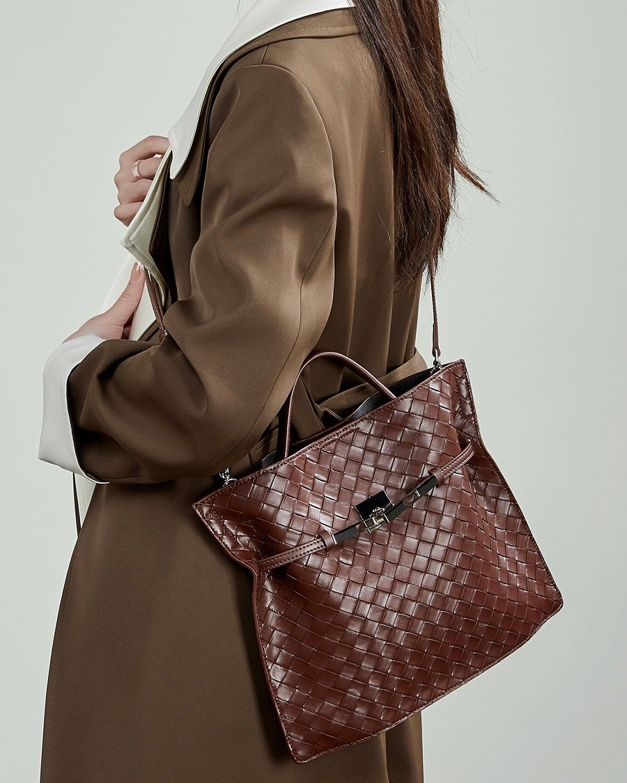 Women's Woven Cowhide Buckle Tote with Textured Finish