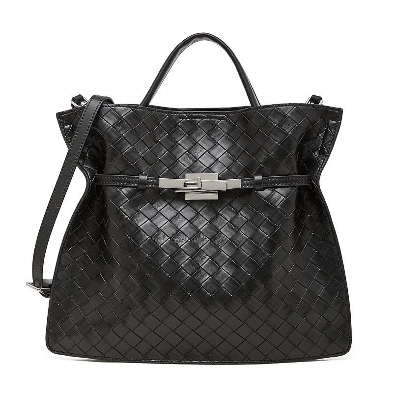 Women's Woven Cowhide Buckle Tote with Textured Finish