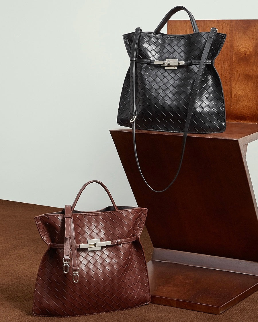 Women's Woven Cowhide Buckle Tote with Textured Finish