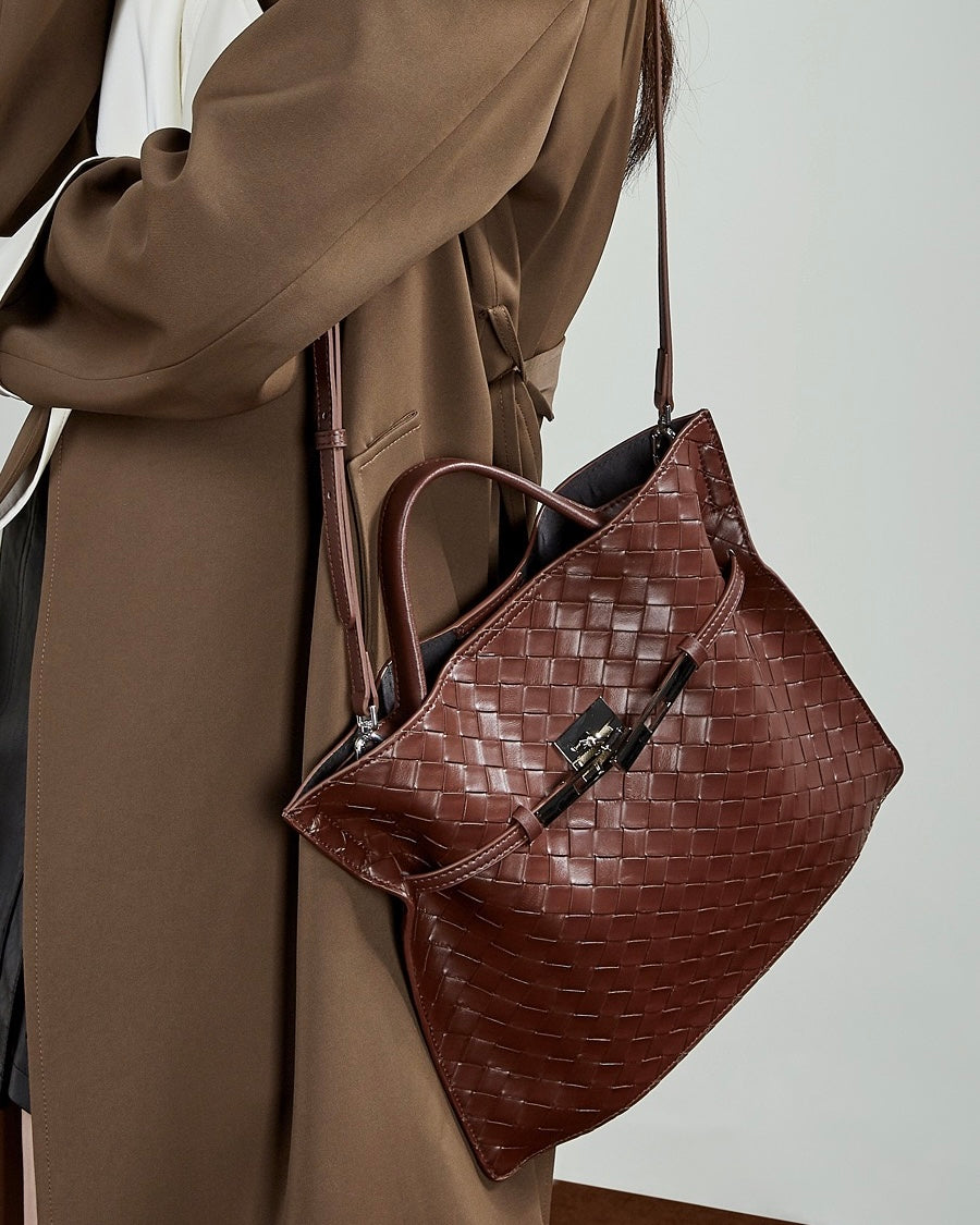 Women's Woven Cowhide Buckle Tote with Textured Finish