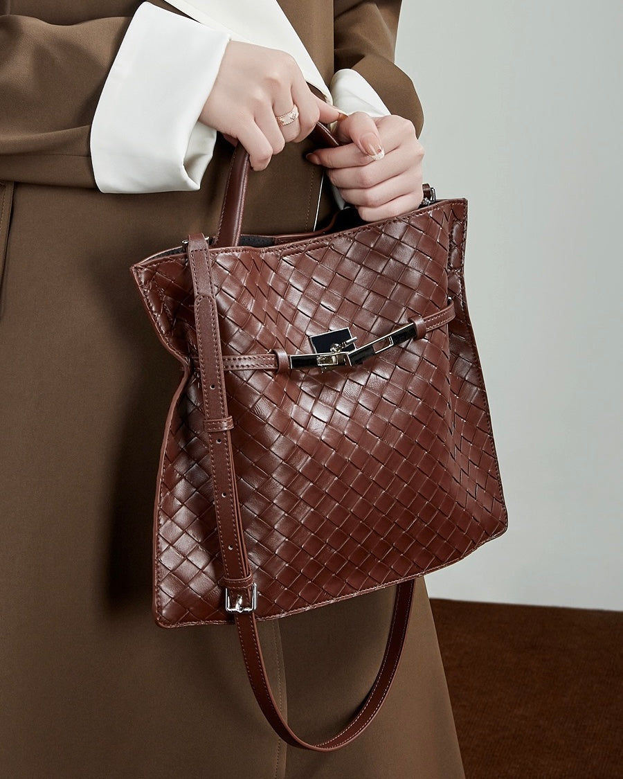 Women's Woven Cowhide Buckle Tote with Textured Finish