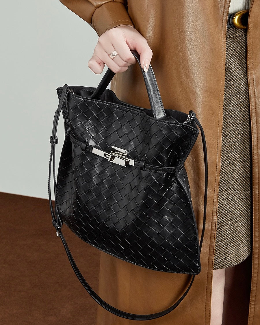Women's Woven Cowhide Buckle Tote with Textured Finish