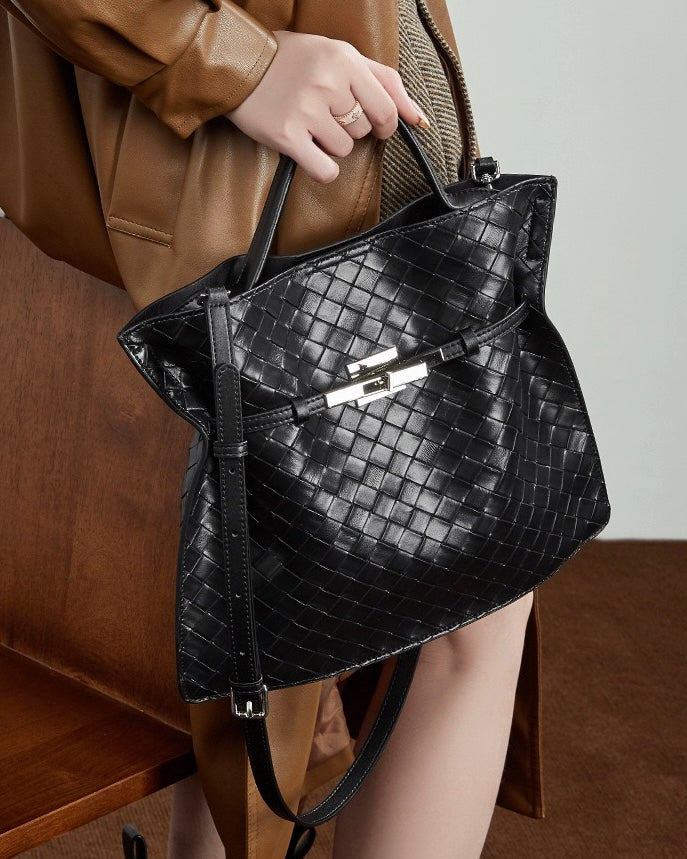 Women's Woven Cowhide Buckle Tote with Textured Finish