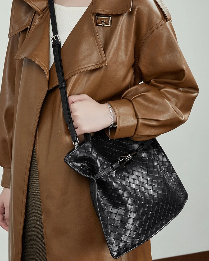 Women's Woven Cowhide Buckle Tote with Textured Finish