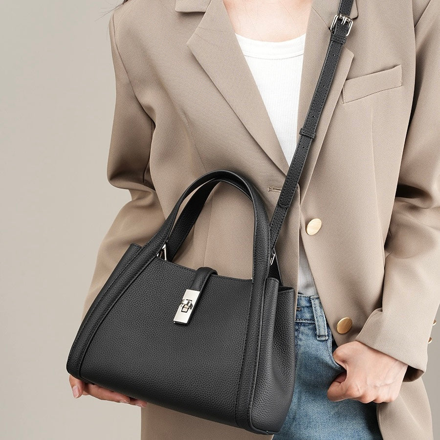 Women's Genuine Leather Lock Bucket Handbag with Shoulder Strap