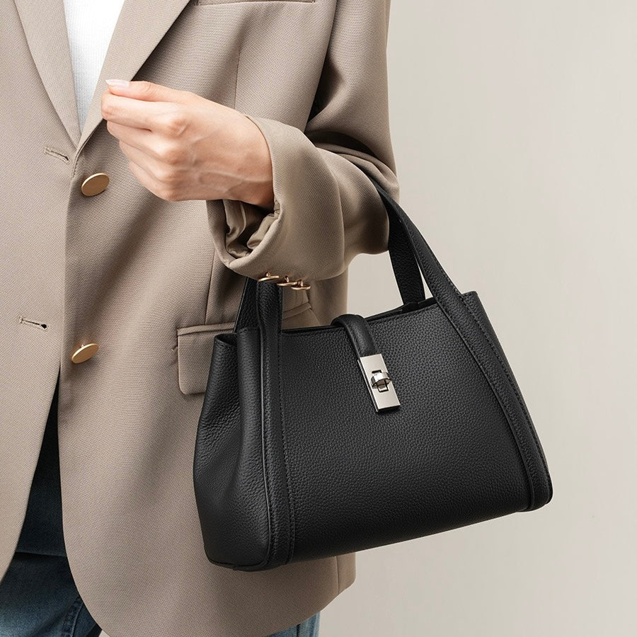 Women's Genuine Leather Lock Bucket Handbag with Shoulder Strap