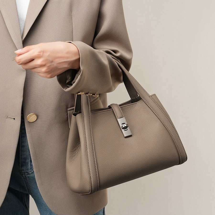 Women's Genuine Leather Lock Bucket Handbag with Shoulder Strap