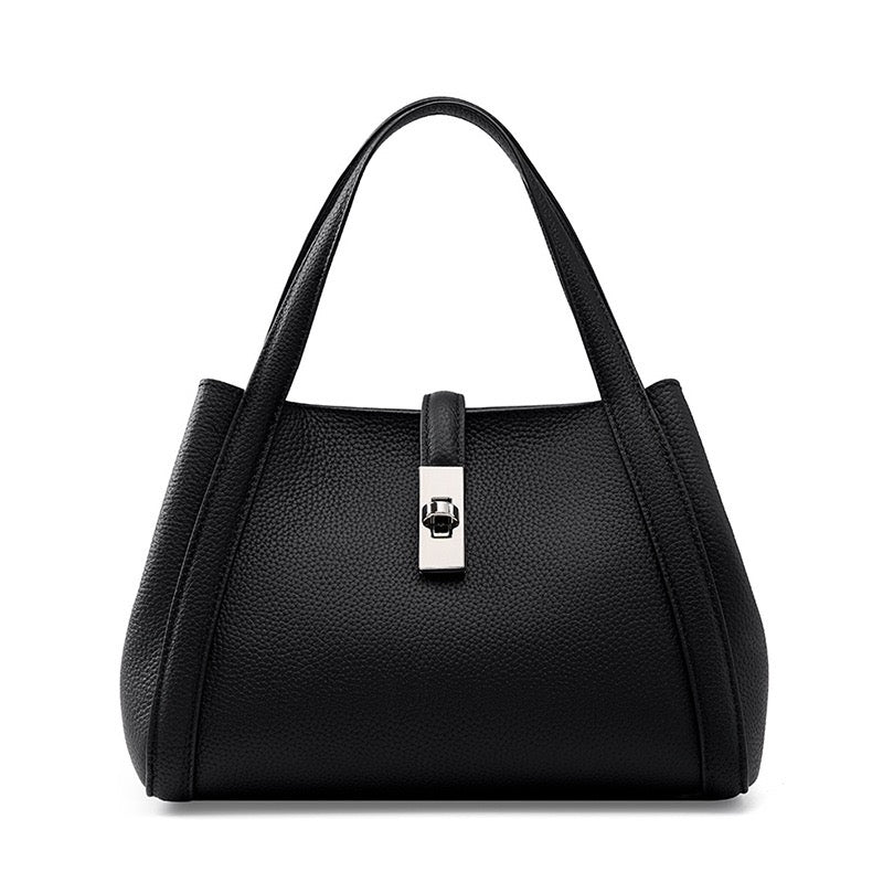 Women's Genuine Leather Lock Bucket Handbag with Shoulder Strap