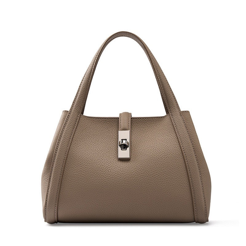 Women's Genuine Leather Lock Bucket Handbag with Shoulder Strap
