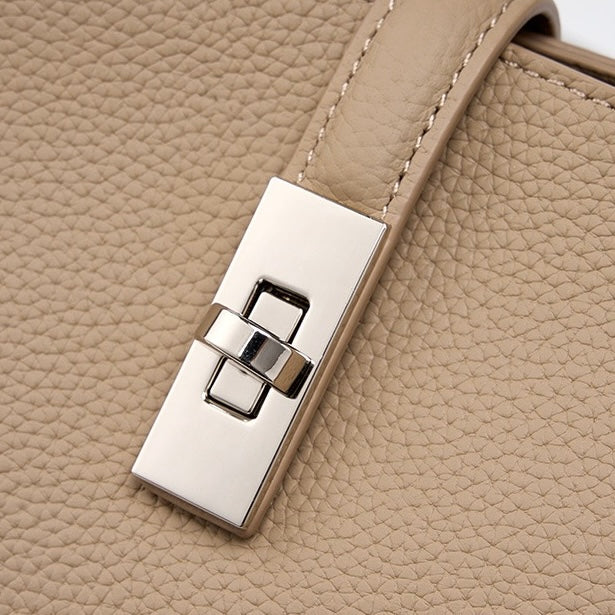 Women's Genuine Leather Lock Bucket Handbag with Shoulder Strap