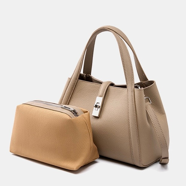 Women's Genuine Leather Lock Bucket Handbag with Shoulder Strap