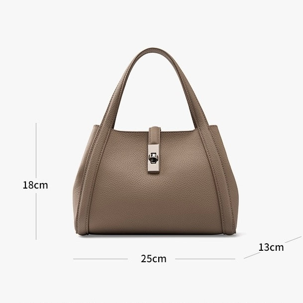 Women's Genuine Leather Lock Bucket Handbag with Shoulder Strap