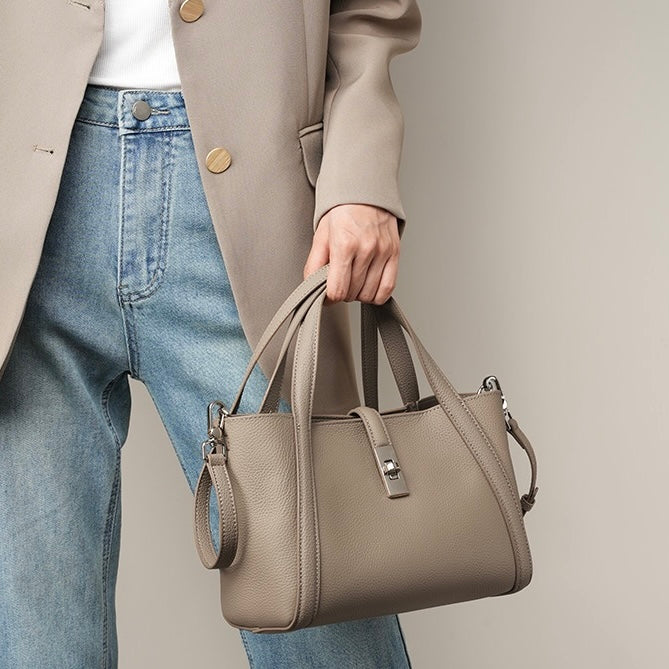 Women's Genuine Leather Lock Bucket Handbag with Shoulder Strap