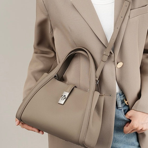 Women's Genuine Leather Lock Bucket Handbag with Shoulder Strap