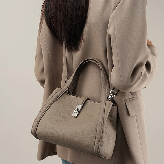 Women's Genuine Leather Lock Bucket Handbag with Shoulder Strap
