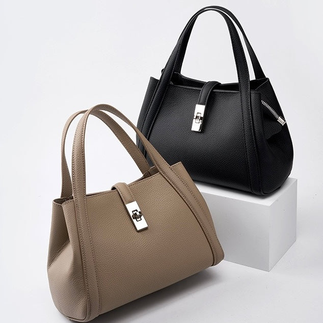 Women's Genuine Leather Lock Bucket Handbag with Shoulder Strap