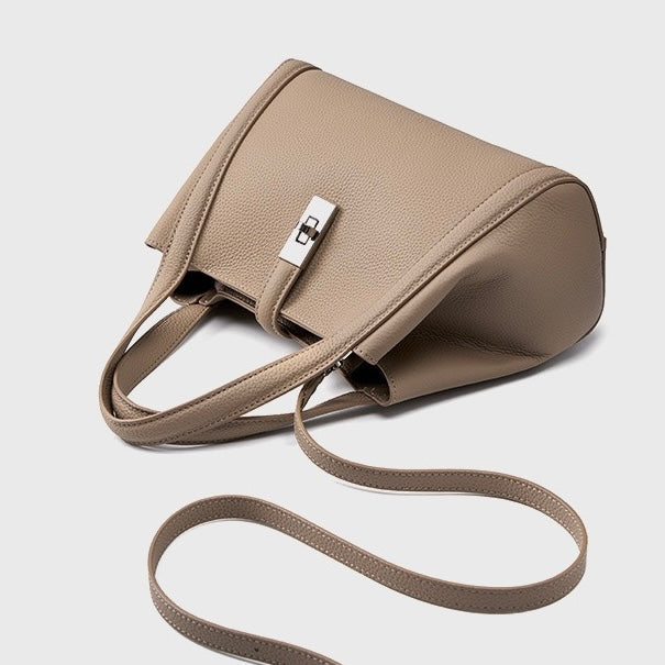 Women's Genuine Leather Lock Bucket Handbag with Shoulder Strap