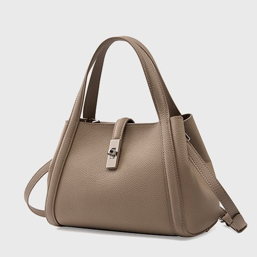 Women's Genuine Leather Lock Bucket Handbag with Shoulder Strap