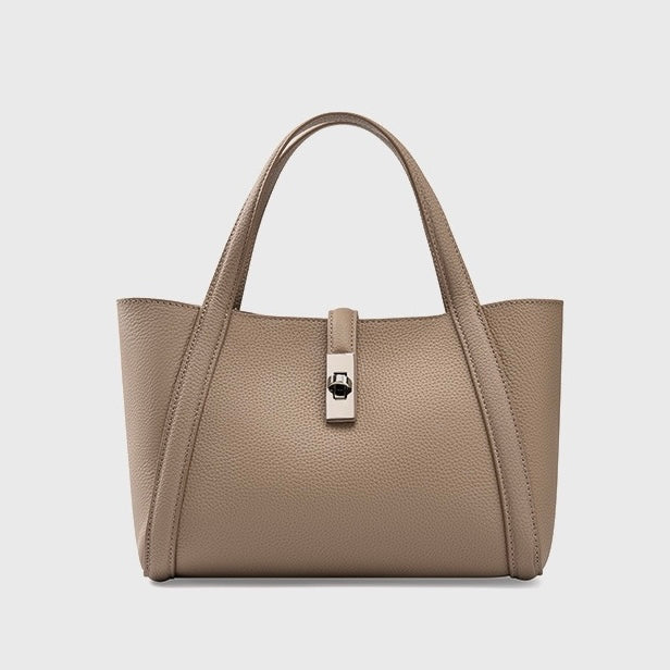 Women's Genuine Leather Lock Bucket Handbag with Shoulder Strap
