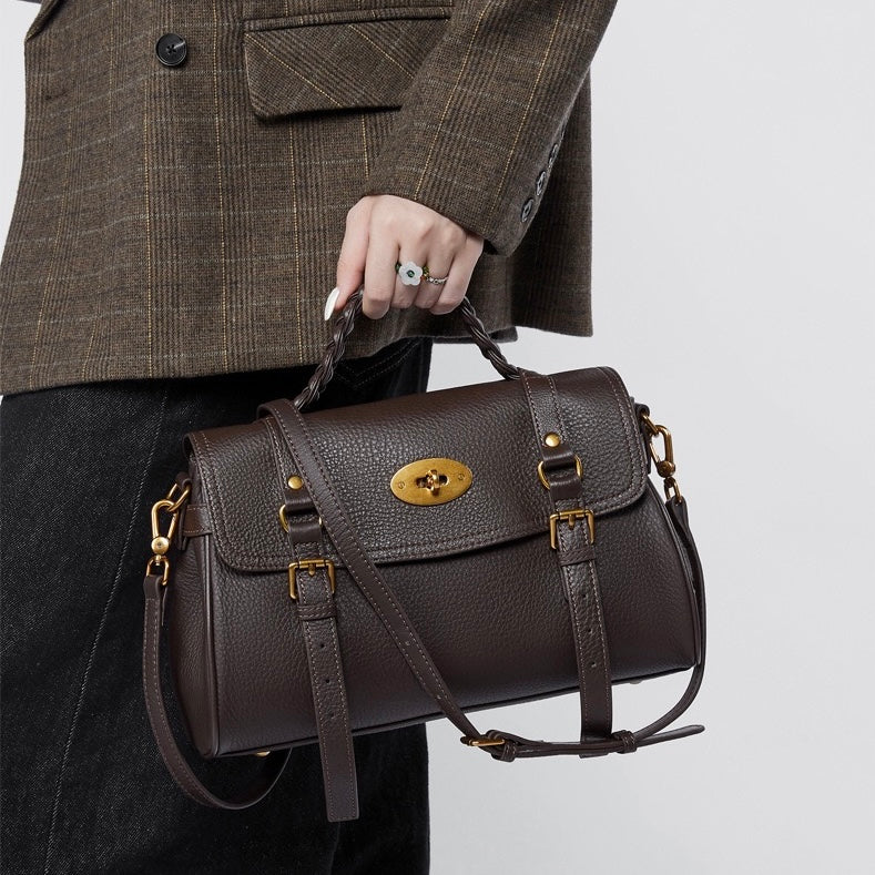 Women's Genuine Leather Braided Handle Satchel Bag with Buckle