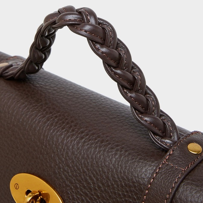 Women's Genuine Leather Braided Handle Satchel Bag with Buckle