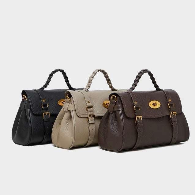 Women's Genuine Leather Braided Handle Satchel Bag with Buckle