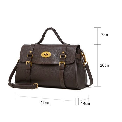Women's Genuine Leather Braided Handle Satchel Bag with Buckle