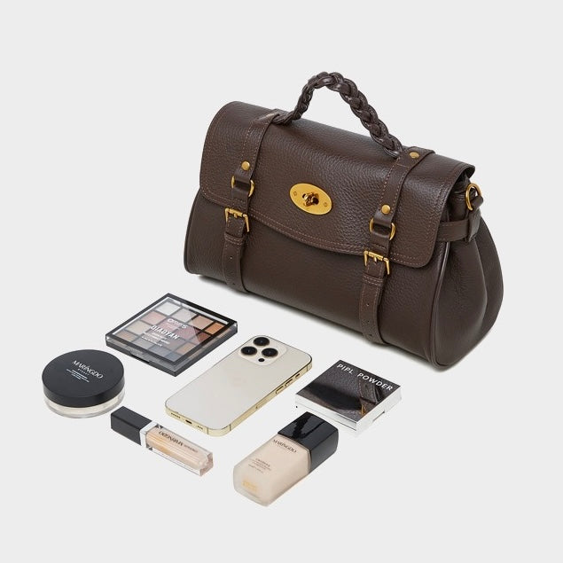 Women's Genuine Leather Braided Handle Satchel Bag with Buckle