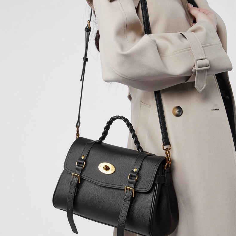 Women's Genuine Leather Braided Handle Satchel Bag with Buckle