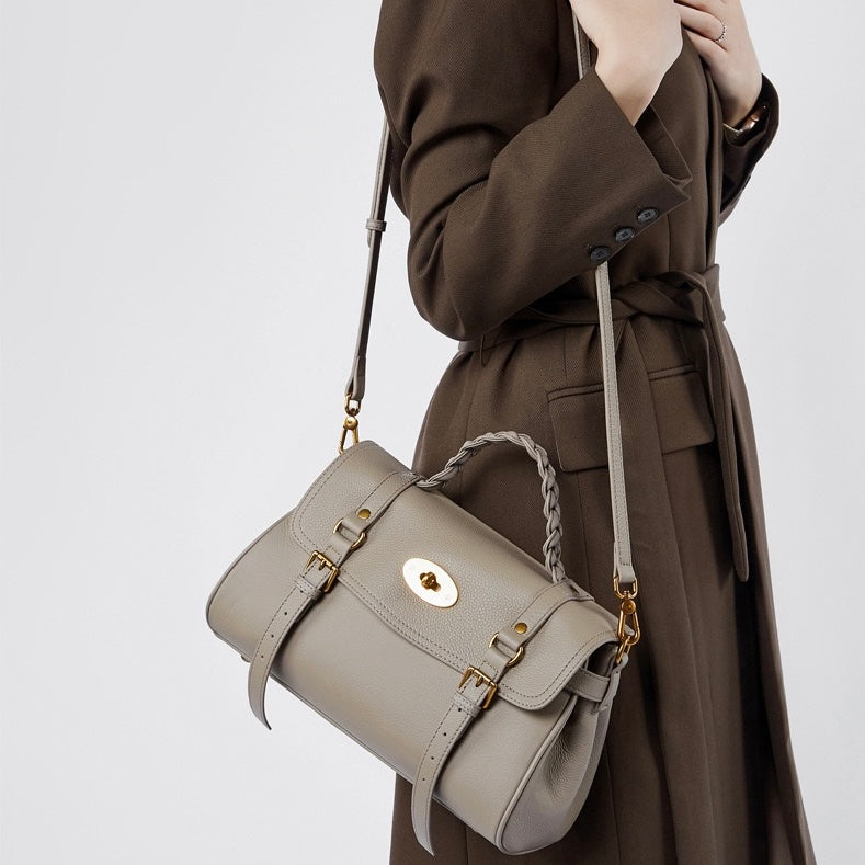 Women's Genuine Leather Braided Handle Satchel Bag with Buckle