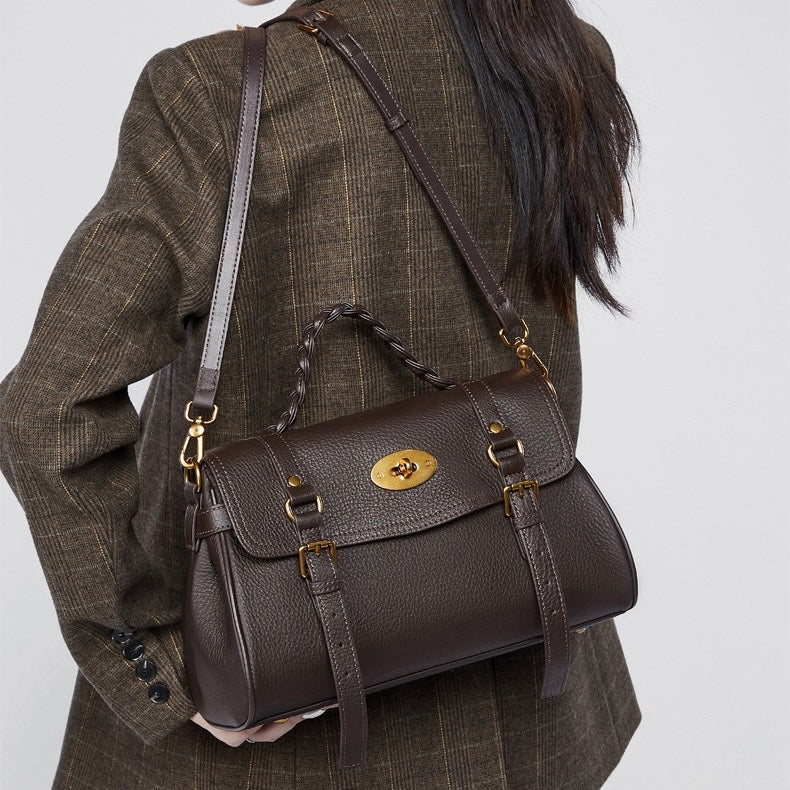 Women's Genuine Leather Braided Handle Satchel Bag with Buckle
