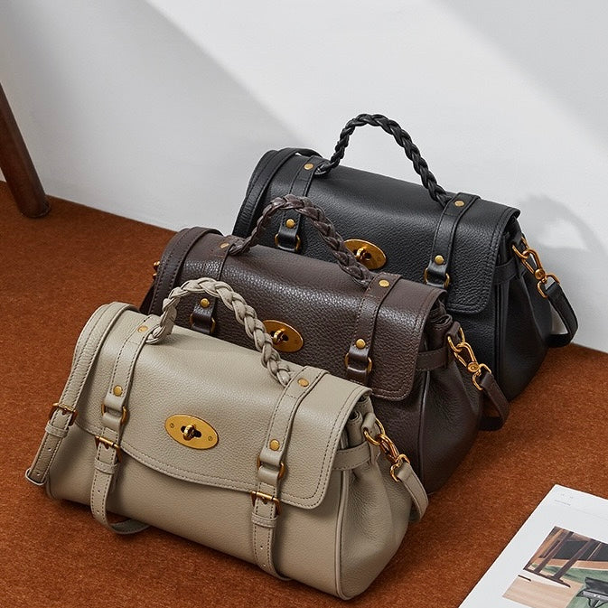 Women's Genuine Leather Braided Handle Satchel Bag with Buckle