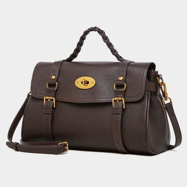 Women's Genuine Leather Braided Handle Satchel Bag with Buckle