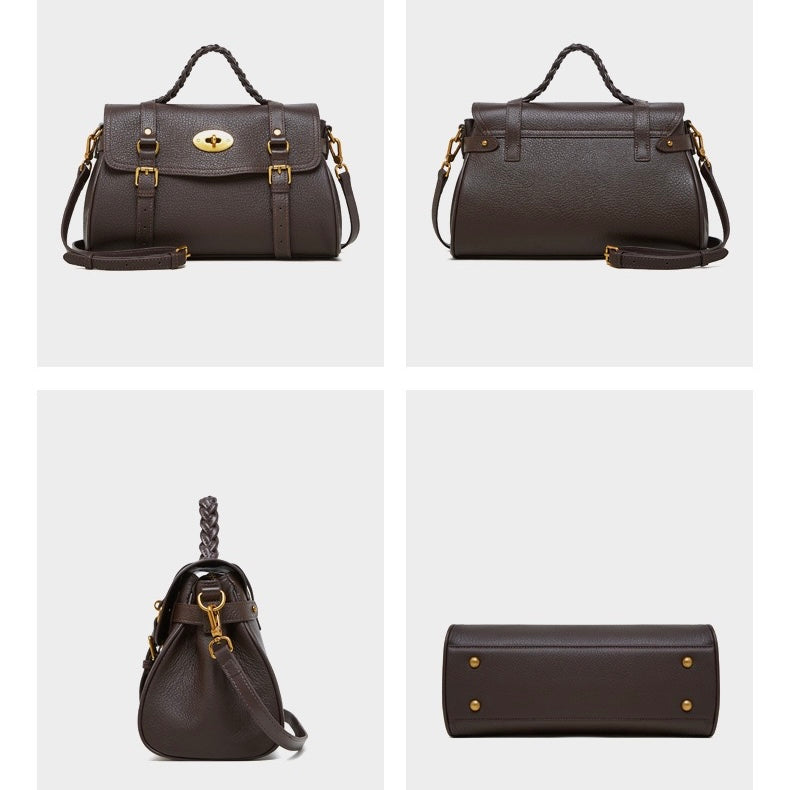 Women's Genuine Leather Braided Handle Satchel Bag with Buckle