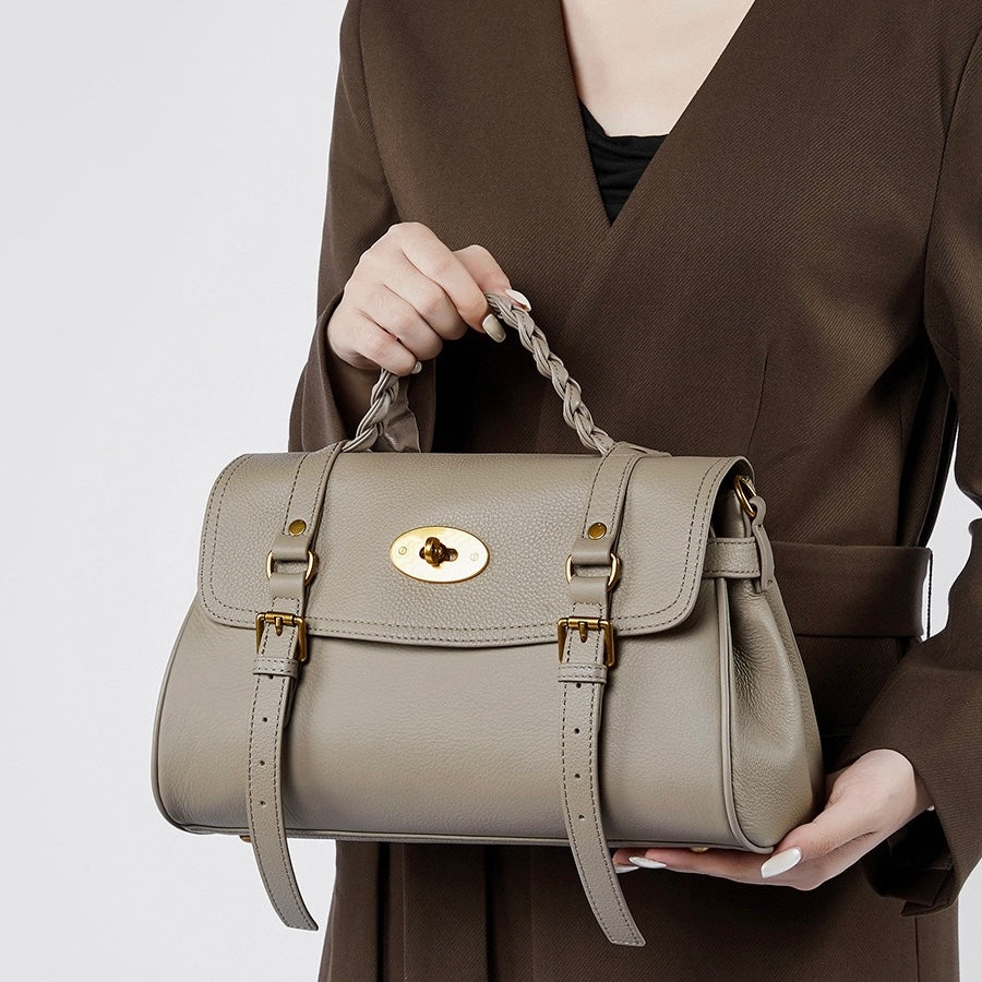 Women's Genuine Leather Braided Handle Satchel Bag with Buckle