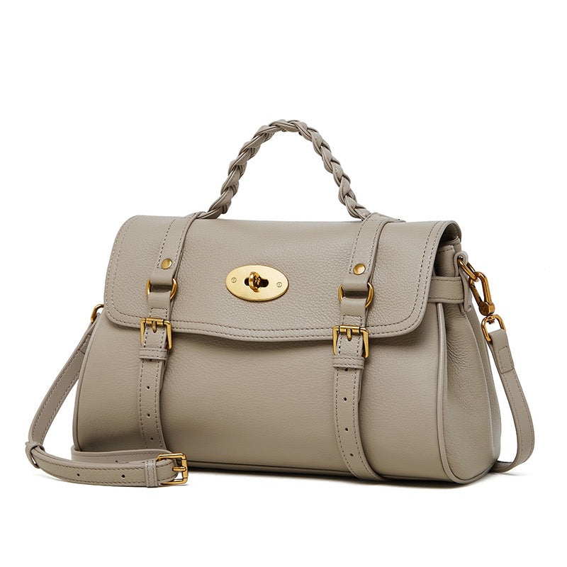 Women's Genuine Leather Braided Handle Satchel Bag with Buckle