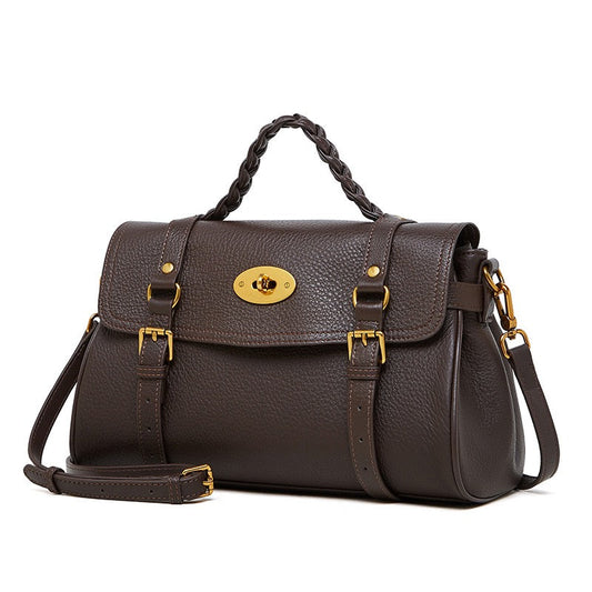 Women's Genuine Leather Braided Handle Satchel Bag with Buckle