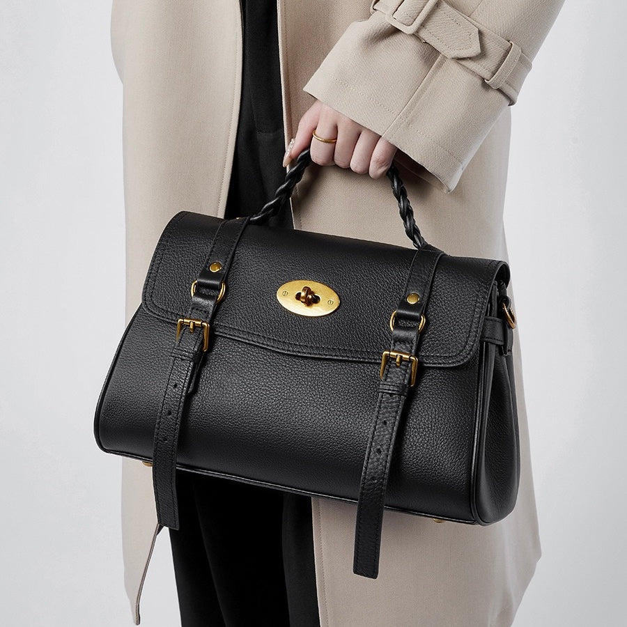 Women's Genuine Leather Braided Handle Satchel Bag with Buckle
