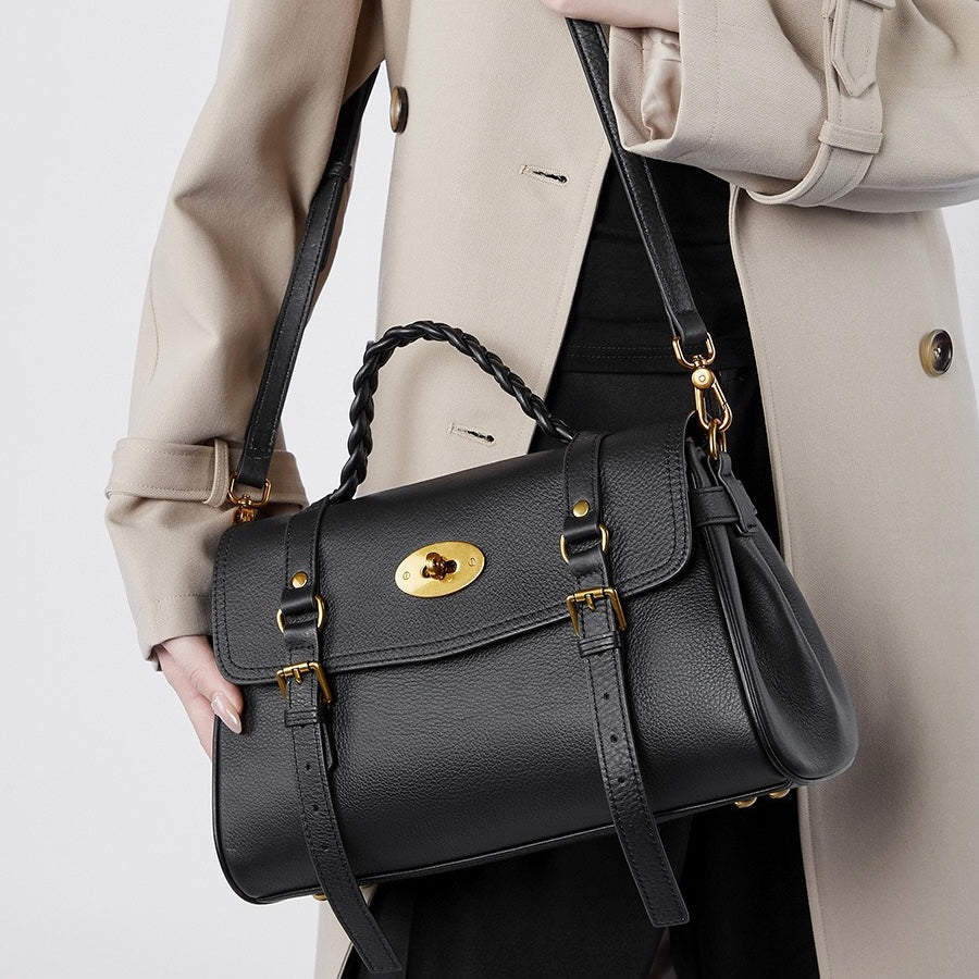 Women's Genuine Leather Braided Handle Satchel Bag with Buckle