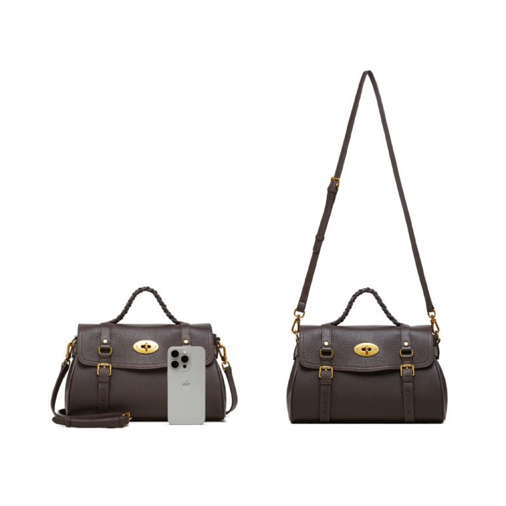 Women's Genuine Leather Braided Handle Satchel Bag with Buckle