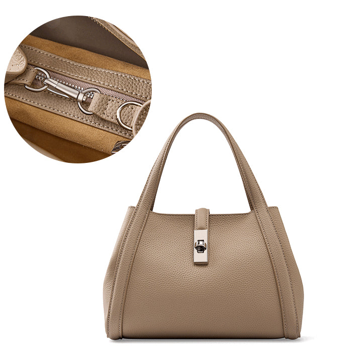 Women's Genuine Leather Lock Bucket Handbag with Shoulder Strap