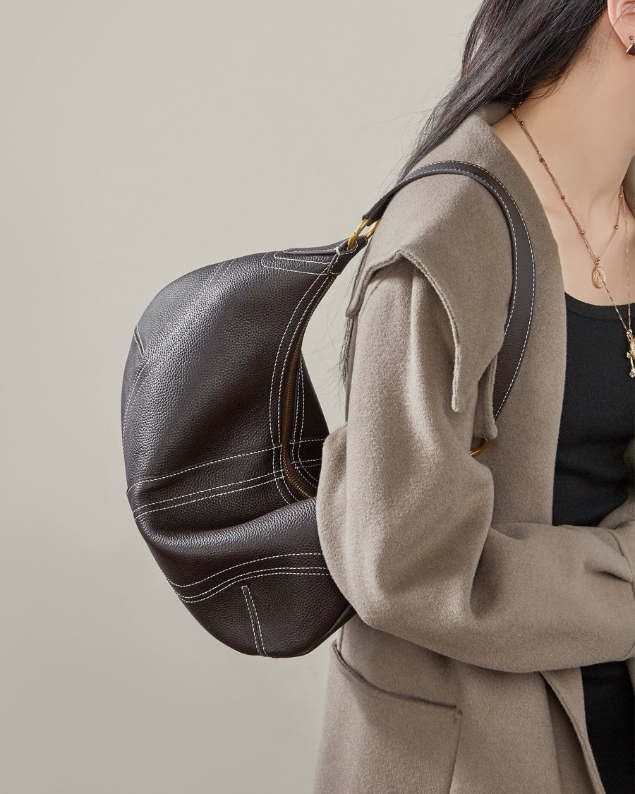 Women's Full-Grain Cowhide Half-Moon Hobo with Contrast Stitching
