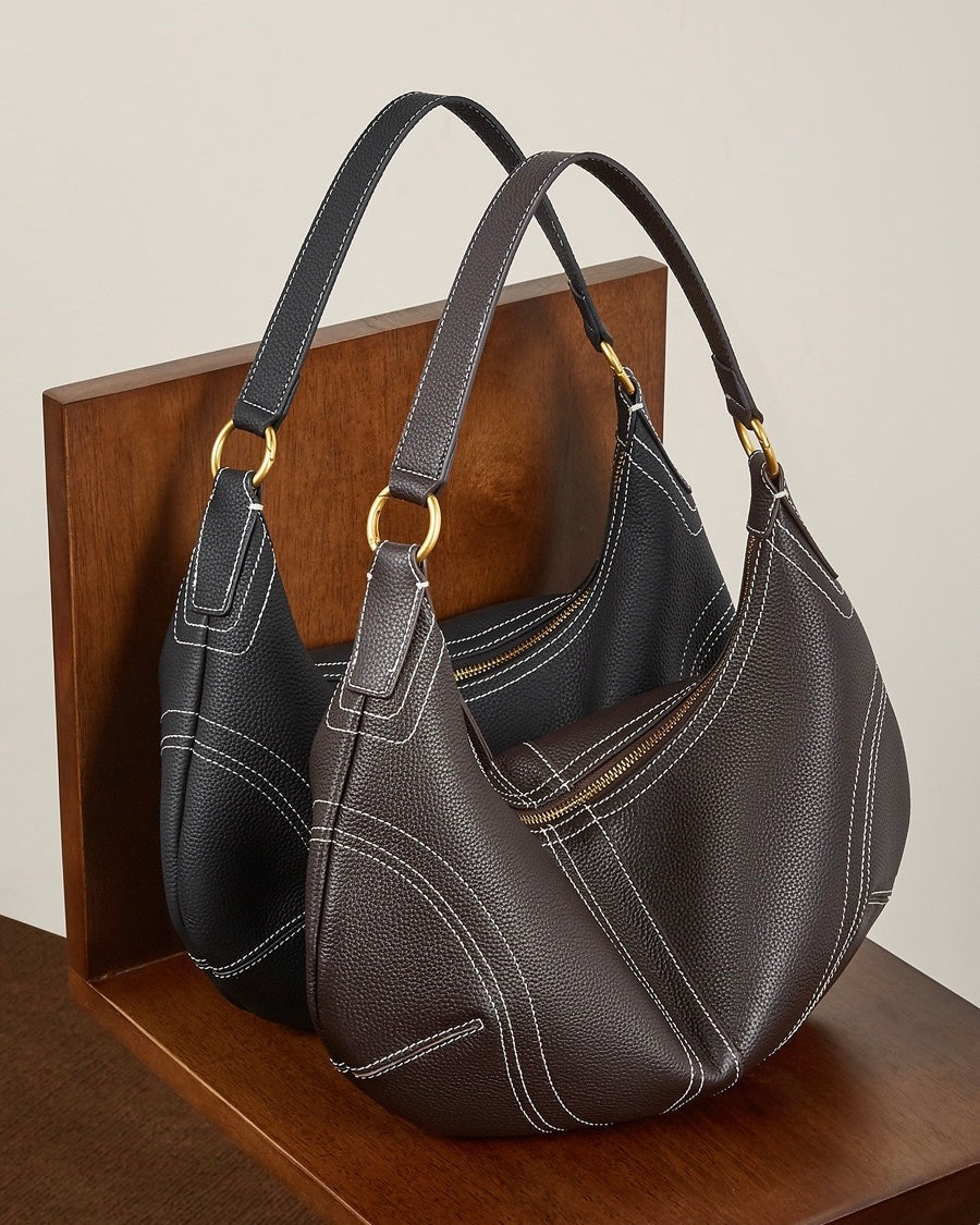 Women's Full-Grain Cowhide Half-Moon Hobo with Contrast Stitching