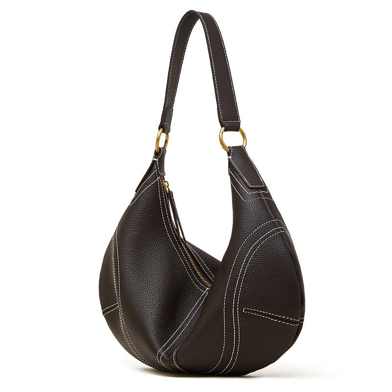 Women's Full-Grain Cowhide Half-Moon Hobo with Contrast Stitching