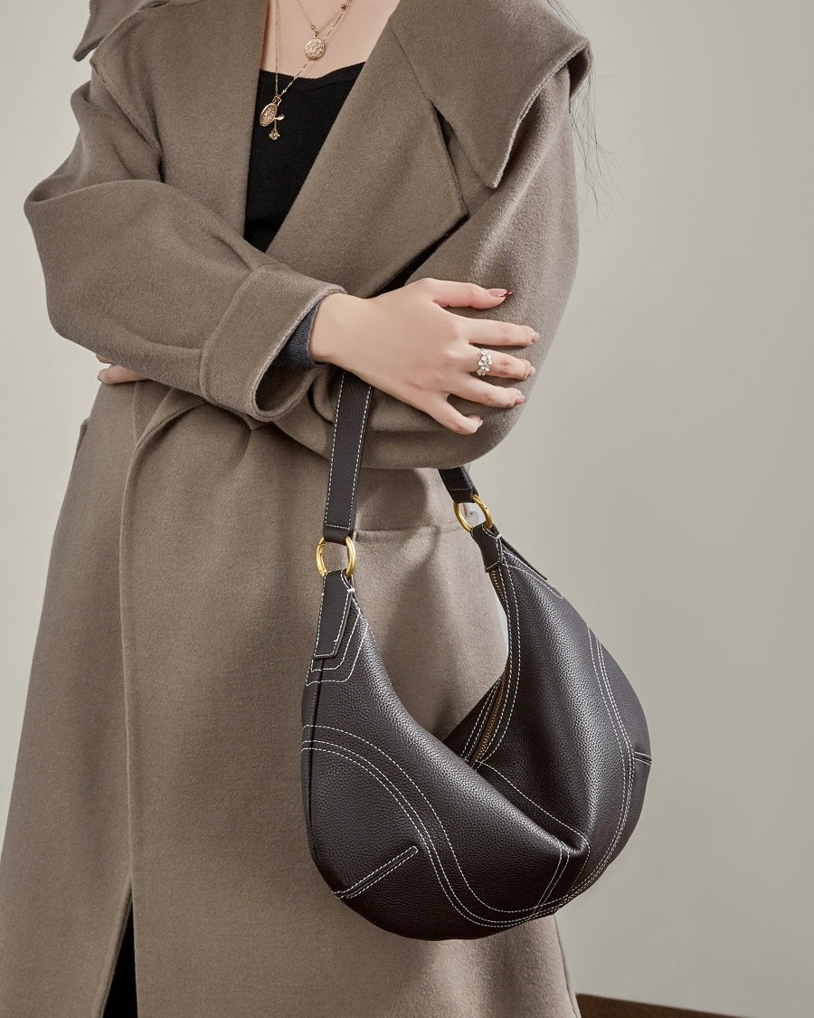 Women's Full-Grain Cowhide Half-Moon Hobo with Contrast Stitching