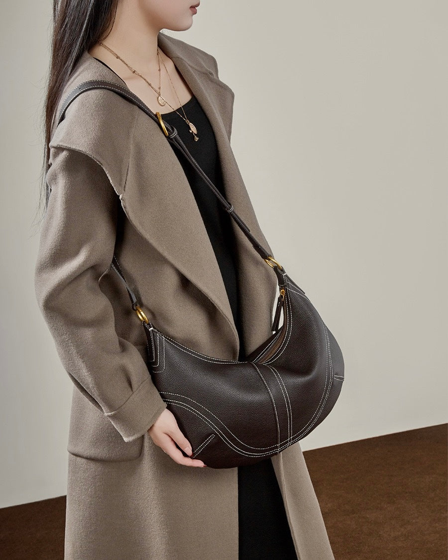 Women's Full-Grain Cowhide Half-Moon Hobo with Contrast Stitching
